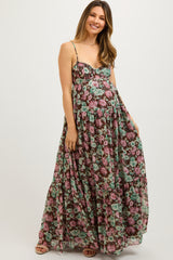 Brown Floral Sleeveless Tiered Maternity Maxi Dress