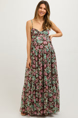 Brown Floral Sleeveless Tiered Maternity Maxi Dress