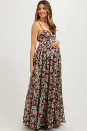 Brown Floral Sleeveless Tiered Maternity Maxi Dress