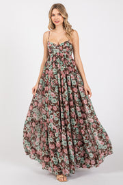 Brown Floral Sleeveless Tiered Maxi Dress