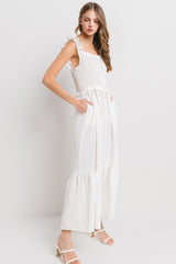 White Contrast Gauze Eyelet Lace Detail Maxi Dress