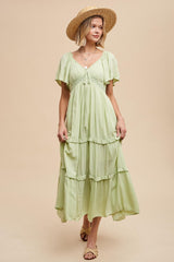 Sage Crochet Lace Tiered Ruffle Maxi Dress