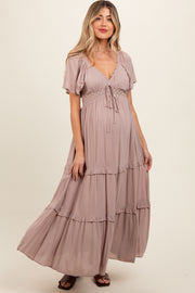 Mocha Crochet Lace Tiered Ruffle Maternity Maxi Dress