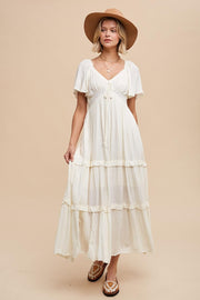 Cream Crochet Lace Tiered Ruffle Maxi Dress