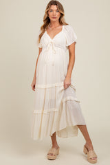 Cream Crochet Lace Tiered Ruffle Maternity Maxi Dress