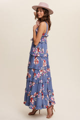 Blue Floral Sleeveless Tiered Maxi Dress