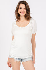 Ivory Short Puff Sleeve V-Neck Top