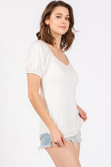 Ivory Short Puff Sleeve V-Neck Top