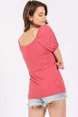 Magenta Short Puff Sleeve V-Neck Top