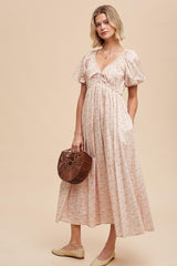 Peach Strawberry Floral Puff Sleeve Maternity Midi Dress