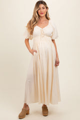 Cream Smocked Puff Sleeve Maternity Maxi Dress