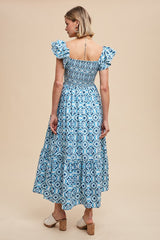 Blue Floral Smocked Flutter Cap Sleeve Maxi Dress