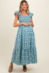 Blue Floral Smocked Flutter Cap Sleeve Maternity Maxi Dress