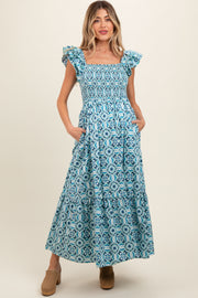 Blue Floral Smocked Flutter Cap Sleeve Maternity Maxi Dress