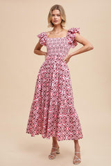 Magenta Floral Flutter Cap Sleeve Maxi Dress