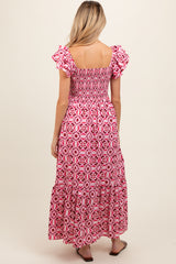 Magenta Floral Smocked Flutter Cap Sleeve Maternity Maxi Dress