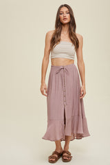 Mauve Button-Up Midi Skirt With Drawstring