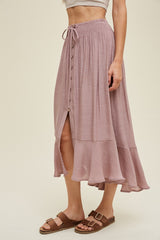 Mauve Button-Up Midi Skirt With Drawstring