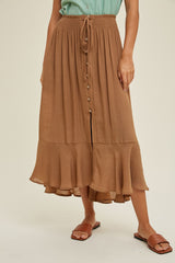 Hazelnut Button-Up Midi Skirt With Drawstring