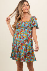 Light Blue Floral Smocked Flutter Sleeve Back Tie Maternity Dress