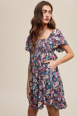 Navy Blue Floral Smocked Flutter Sleeve Back Tie Dress