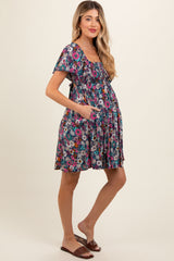 Navy Blue Floral Smocked Flutter Sleeve Back Tie Maternity Dress