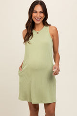 Sage Ribbed Sleeveless Pocketed Maternity Dress