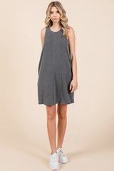 Charcoal Ribbed Sleeveless Pocketed Dress