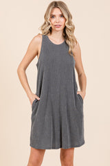 Charcoal Ribbed Sleeveless Pocketed Dress