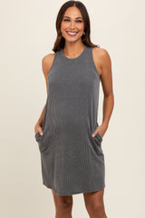 Charcoal Ribbed Sleeveless Pocketed Maternity Dress