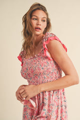 Pink Floral Smocked Midi Dress