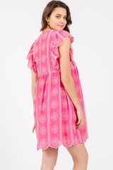 Pink Embroidered Flutter Sleeve Dress