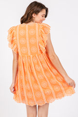 Orange Embroidered Flutter Sleeve Dress