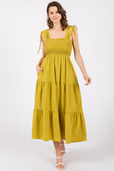 Light Olive Smocked Sleeveless Drawstring Shoulder Tiered Midi Dress