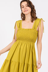 Light Olive Smocked Sleeveless Drawstring Shoulder Tiered Midi Dress