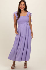 Lavender Smocked Sleeveless Drawstring Shoulder Tiered Maternity Midi Dress