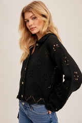 Black Pointelle Collared Button Down Sweater Cardigan