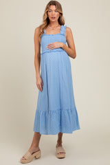 Light Blue Eyelet Smocked Square Neck Maternity Midi Dress