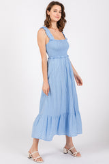 Light Blue Eyelet Smocked Square Neck Midi Dress