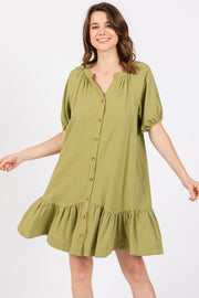 Light Olive Button Front Short Puff Sleeve Dress