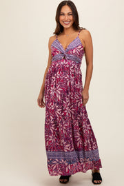 Purple Floral Strapless Front Tie Knot Maternity Maxi Dress