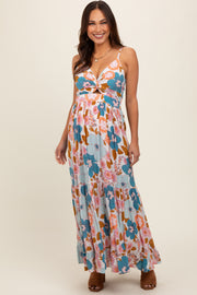 Light Blue Floral Sleeveless Maternity Maxi Dress