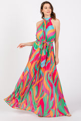 Multicolor Print Pleated Halter Maxi Dress