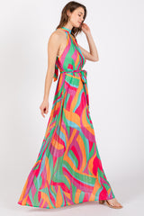 Multicolor Print Pleated Halter Maxi Dress