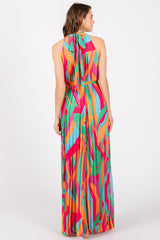 Multicolor Print Pleated Halter Maxi Dress