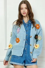 Blue Fluffy Flower Pom Pom Cardigan