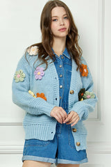 Blue Fluffy Flower Pom Pom Cardigan