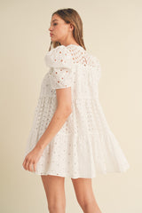 White Floral Eyelet Puff Sleeve Mini Dress