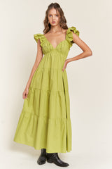 Lime Flutter Sleeve Tiered Maternity Maxi Dress