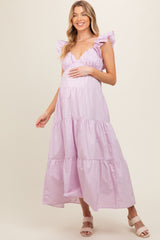 Lavender Flutter Sleeve Tiered Maternity Maxi Dress